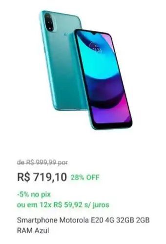 Pernambucanas Smartphone Motorola E20 4G 32GB 2GB Ram Azul oferta