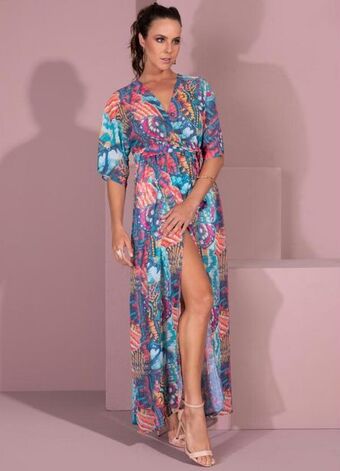 Posthaus Quintess - vestido longo borboletas transpassado com faixa oferta