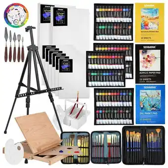 Carrefour Deluxe artist kit de pintura profissional com cavalete de madeira, 149 peças, senmink, marrom oferta