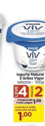 Carrefour Iogurte Natural 3 Grãos Vigor Leve 4 Pague 2 100g oferta