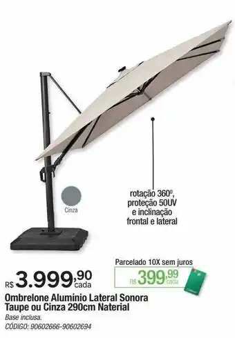 Ombrelone aluminio lateral sonora taupe ou cinza 290 cm naterial