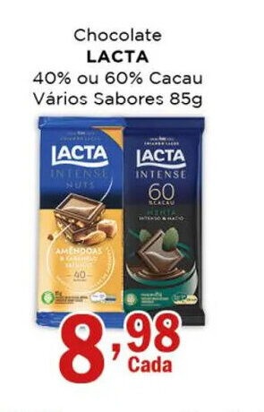 Supermercados Mundial Chocolate Lacta 40% ou 60% 85g oferta