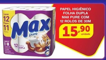Roldão Papel higiênico folha dupla max pure com 12 rolos de 30m oferta