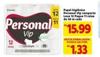 Extra Supermercado Papel Higiénico Personal Vip compacto Leve 12 Pague 11 rolos de 30m cada oferta