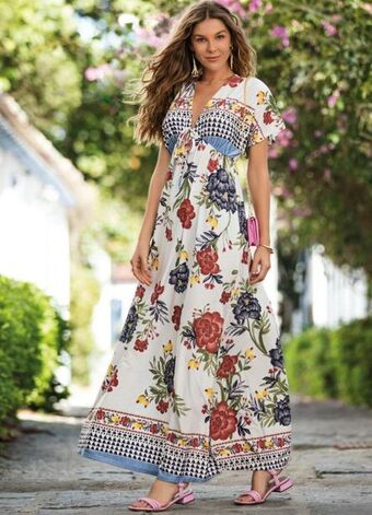Posthaus Quintess - vestido longo floral étnico com decote profundo oferta