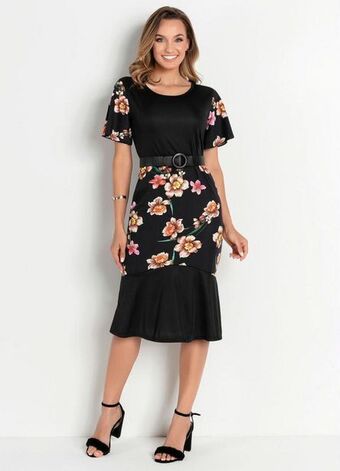 Posthaus Rosalie - vestido floral preto com babado moda evangélica oferta