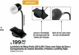 Leroy Merlin Luminária de mesa preta led 0,2w 3 tons com caixa de som e carregamento de celular alumínio e plástico lumiplay elin oferta