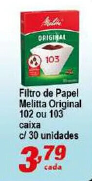 Pão de Mel Filtro de papel Melitta Original 102 ou 103 caixa c/30 unidades oferta