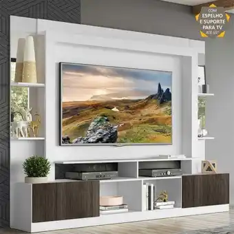 Pão de Açúcar Rack c/ painel e suporte tv 65´´ prateleiras c/ espelho oslo multimóveis branco/tenerife oferta
