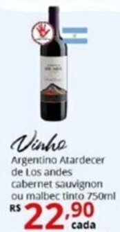 Vinho Argentino Atardecer De Los Andes Cabernet Sauvignon ou Malbec 750ml