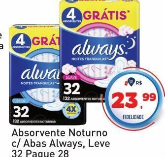 Absorvente noturno c/ abas always, leve 32 pague 28