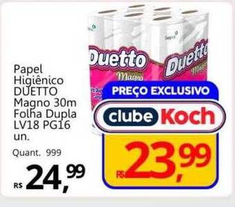 Supermercados Koch Papel higiênico duetto magno 30m folha dupla lv18 pg16 oferta