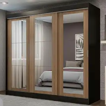 Pão de Açúcar Guarda-roupa casal madesa kansas 3 portas de correr de espelho 3 gavetas - preto/rustic oferta