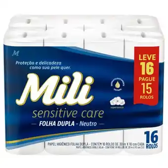 Papel higiênico mili folha dupla/neutro 30m leve 16 rolos, pague 15 rolos