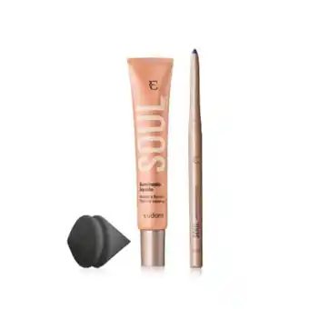 Kit esponja facial + iluminador líquido + lapiseira olhos azul