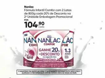 Nanlac formula infantil comfor com 2 latas de 800g cada 20% desconto na 2a unidad embalagem promocional