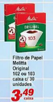 Filtro de papel Melitta Original 102 ou 103 caixa c/30 unidades
