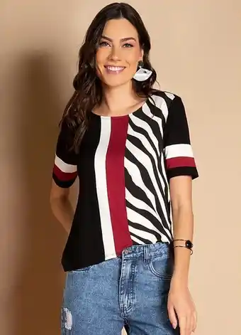 Quintess - blusa com recortes preto zebra mangas curtas