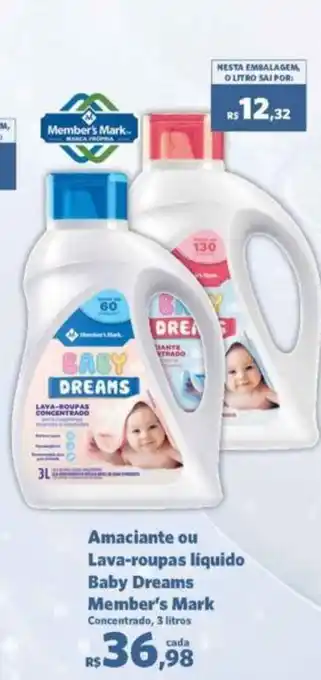 Sam's Club Amaciante ou Lava roupas Líquido Baby Dreams Member's Mark 3L oferta