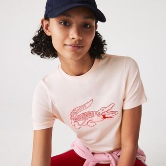 Lacoste Camiseta feminina em mistura de algodão com estampa de crocodilo e decote careca oferta