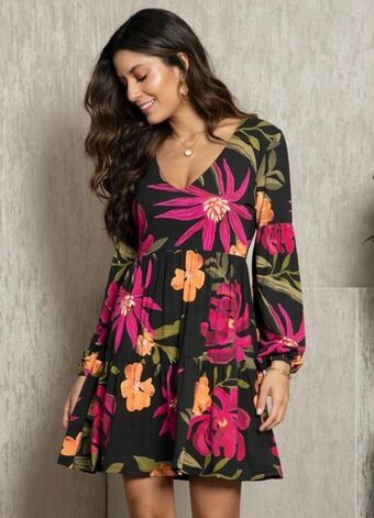 Quintess - vestido floral preto com manga bufante