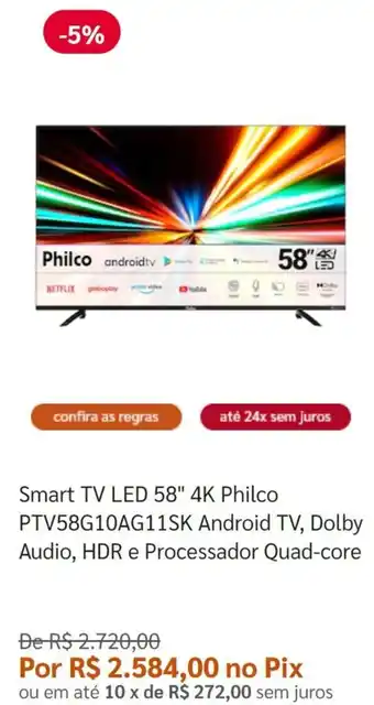 Smart TV LED 58" 4L Philco Android TV