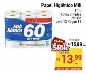Stok Center Papel higiênico mili 60m folha simples neutro leve 12 pague 11 oferta