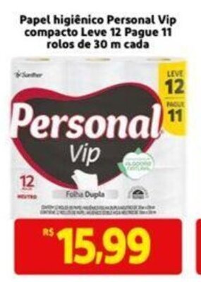 Extra Supermercado Papel Higiênico Personal Vip compacto Leve 12 pague 11 rolos de 30m cada oferta