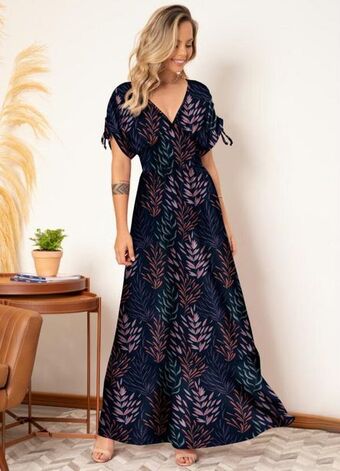 Posthaus Quintess - vestido longo folhas marinho com amarrações oferta
