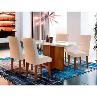 Conjunto de mesa de jantar berlim ii com tampo de vidro off white e 4 cadeiras grécia veludo creme