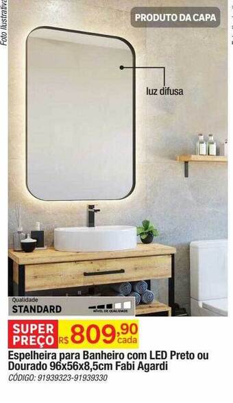 Espelheira para banheiro com led preto ou dourada 96x56x8.5cm fabi agardi