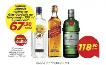 Whisky Johnnie Walker ou Gins Gordon's ou Tanqueray 750ml