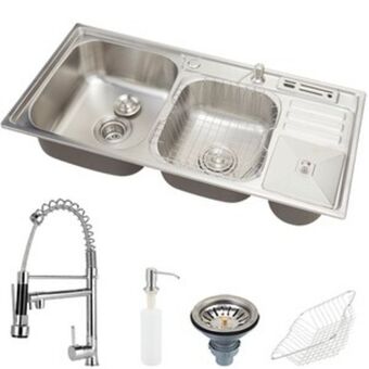 Leroy Merlin Cuba dupla inox com torneira gourmet, dispenser, lixeira, cesto, porta facas e acessórios oferta