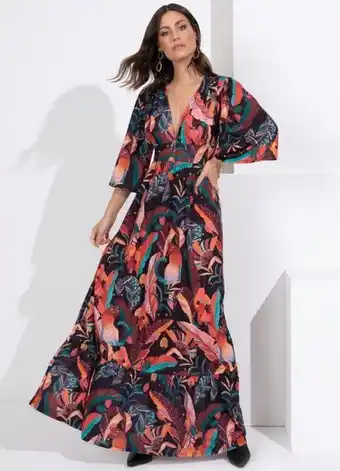 Posthaus Quintess - vestido longo tropical preto com mangas amplas oferta