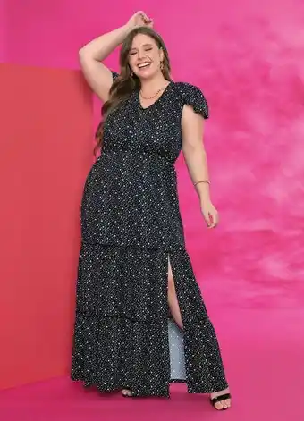 Posthaus Marguerite - vestido longo poá preto com babadinhos plus size oferta