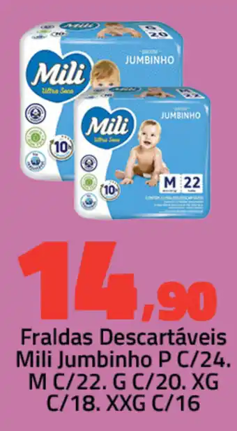Rancho Bom Supermercados Fraldas Descartaveis Mili Jumbinho P c/24. M c/22. G c/20. X G c/18. XXG c/16 oferta