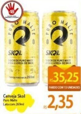 Atacadão Cerveja Skol puro malte lata com 269ml oferta