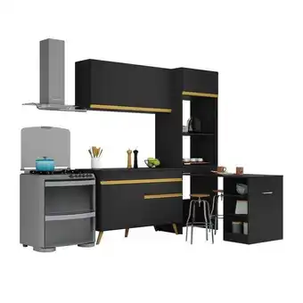 Armário de cozinha compacta 182cm veneza multimóveis v3699 preto/dourado