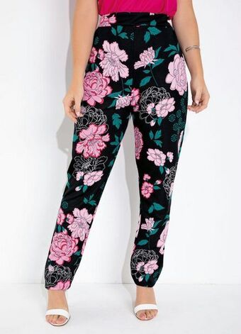 Quatro Estações Moda pop - calça floral preta com bolsos oferta