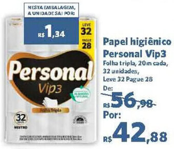 Sam's Club Papel higiênico Personal Vip3 Folha tripla, 20m cada, 32 unidades, Leve 32 Pague 28 oferta