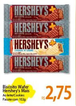 Atacadão Biscoito Wafer Hershey's Mais Ao leite/Cookies Pacote com 102g oferta