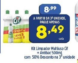 Arena Atacado Kit Limpador Multiuso Cif + Antibac 500ml com 50% de Desconto na 3 unidade oferta