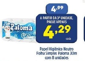 Arena Atacado Papel Higiénico Neutro Folha Simples Paloma 30m com 8 unidades oferta
