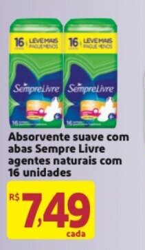 Mercado Extra Absorvente suave com abas Sempre Livre agentes naturais com 16 unidades oferta