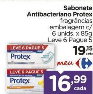 Carrefour Sabonete Antibacteriano Protex fragrâncias embalagem c/ 6 unids. x 85g Leve 6 Pague 5 oferta