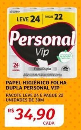 Assaí Atacadista PAPEL HIGIÊNICO FOLHA DUPLA PERSONAL VIP PACOTE LEVE 24 E PAGUE 22 UNIDADES DE 30M oferta