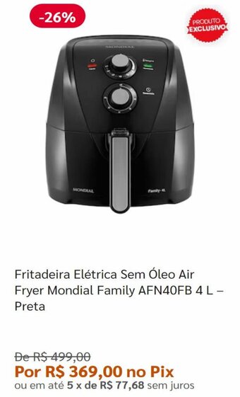 Pontofrio Fritadeira Elétrica Sem Óleo Air Fryer Mondial Family AFN40FB 4 L - Preta oferta