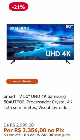Smart TV 50" UHD 4K Samsung 50AU7700, Processador Crystal 4K, Tela sem limites, Visual Livre de...