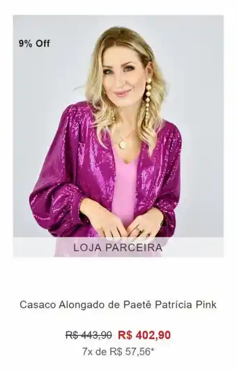 Renner Casaco Alongado de Paetê Patrícia Pink oferta