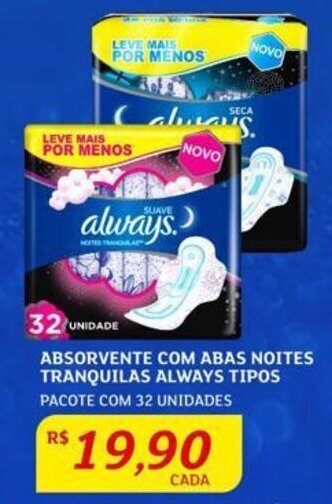 Assaí Atacadista ABSORVENTE COM ABAS NOITES TRANQUILAS ALWAYS TIPOS PACOTE COM 32 UNIDADES oferta